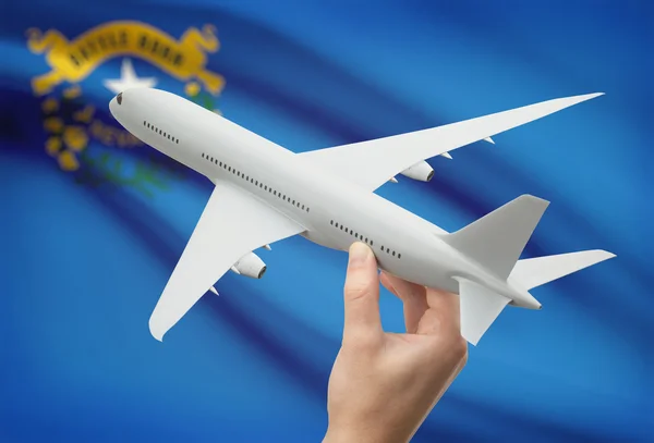 Airplane in hand with US state flag on background - Nevada — 스톡 사진