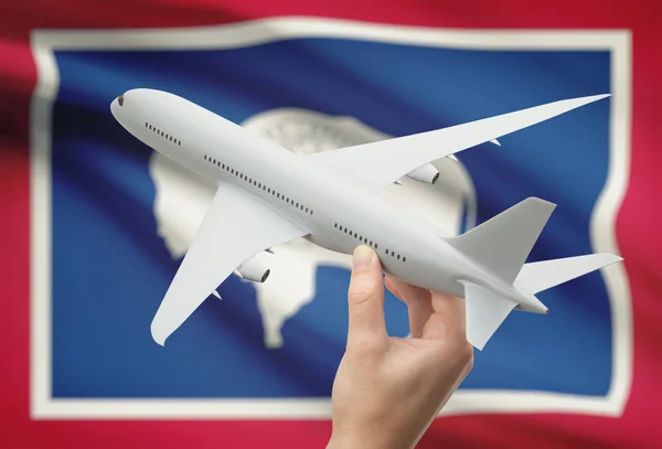 Airplane in hand with US state flag on background - Wyoming — Stock Photo, Image