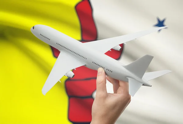Самолет в руке с канадским флагом провинции на фоне - Нунавут — стоковое фото