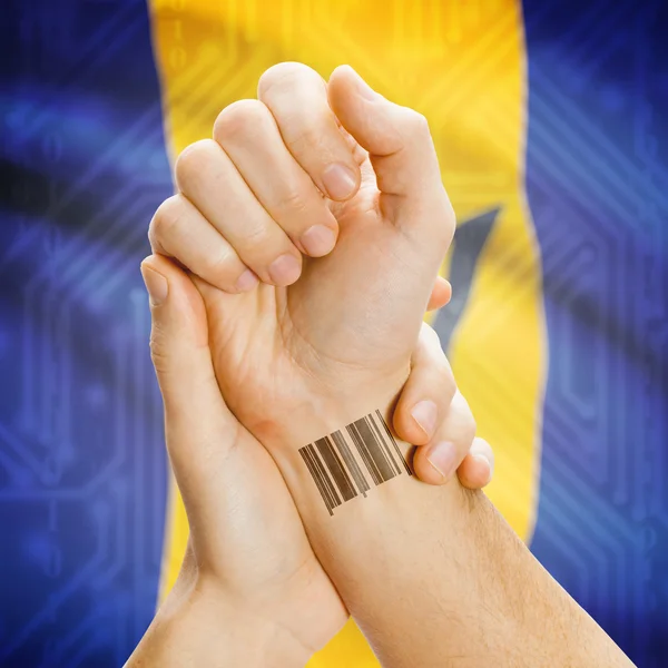 Barcode ID number on wrist and national flag on background series - Barbados — Stockfoto