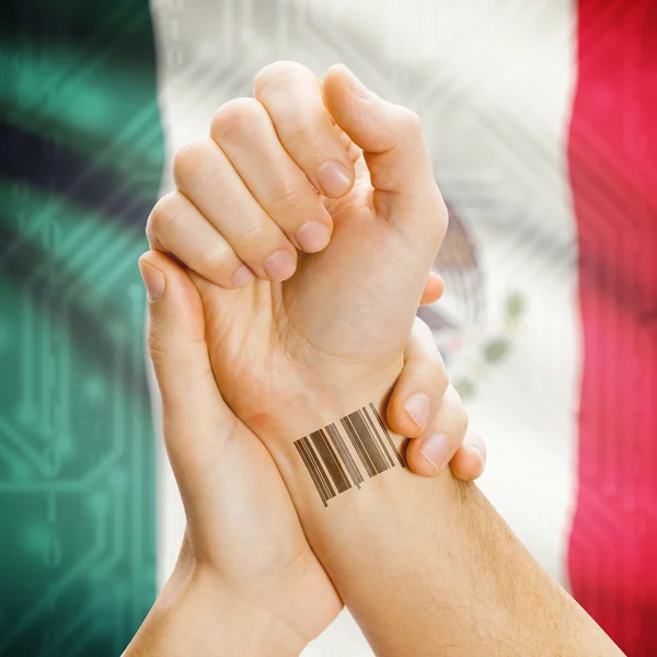 Barcode ID number on wrist and national flag on background series - Mexico — Stock Photo, Image