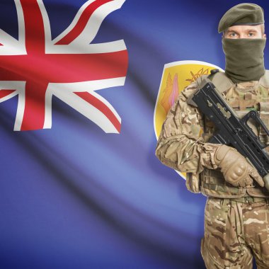 Soldier with machine gun and flag on background - Turks and Caicos Islands