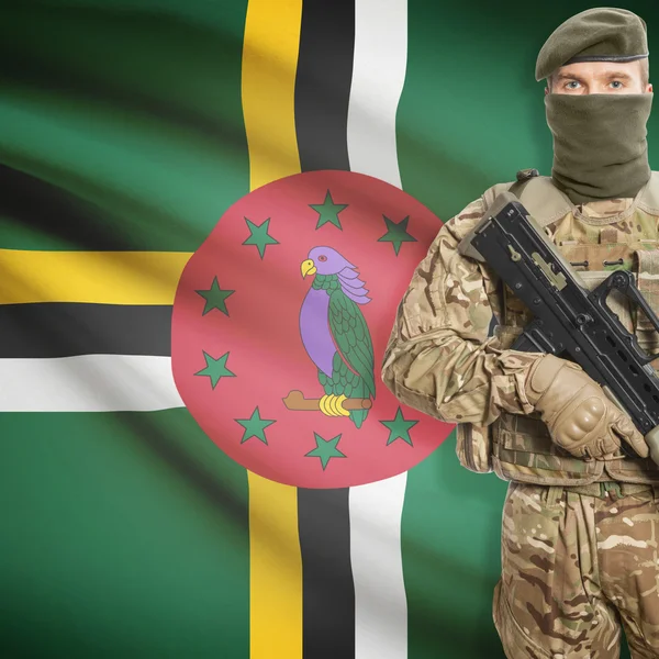 Soldado con ametralladora y bandera en el fondo - Dominica —  Fotos de Stock