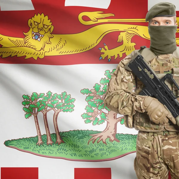 Soldier with machine gun and Canadian province flag on background series - Prince Edward Island — Stok Foto