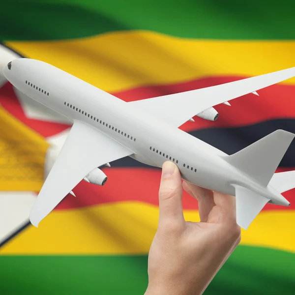 Airplane in hand with flag on background series - Zimbabwe — Stock Photo, Image