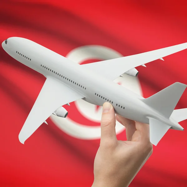 Airplane in hand with flag on background series - Tunisia — Stock Photo, Image