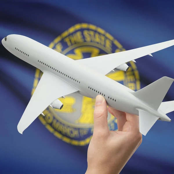 Самолет в руке с нами государственный флаг на фоне серии - Небраска — стоковое фото