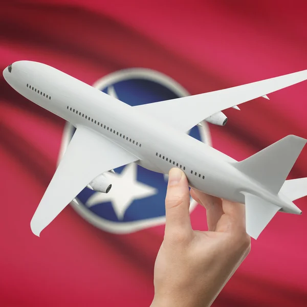 Airplane in hand with US state flag on background series - Tennessee — 스톡 사진