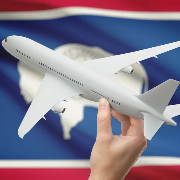 Airplane in hand with US state flag on background series - Wyoming — Fotografia de Stock