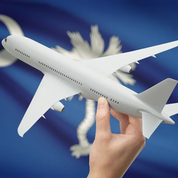 Airplane in hand with US state flag on background series - South Carolina — Stok Foto