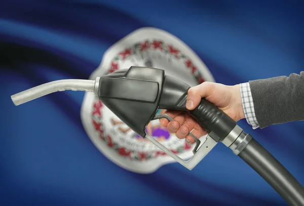 Fuel pump nozzle in hand with USA states flags on background - Virginia — Zdjęcie stockowe