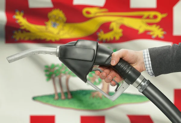 Fuel pump nozzle in hand with Canadian provinces flags on background - Prince Edward Island — Stock Photo, Image