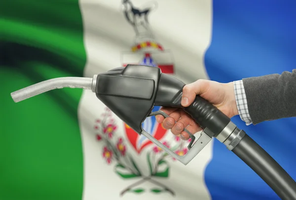 Fuel pump nozzle in hand with Canadian provinces flags on background - Yukon — Fotografia de Stock