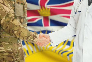 Military man in uniform and doctor shaking hands with Canadian provincies and territories flags on background - British Columbia