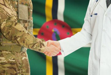 Military man in uniform and doctor shaking hands with national flag on background - Dominica