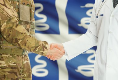 Military man in uniform and doctor shaking hands with national flag on background - Martinique