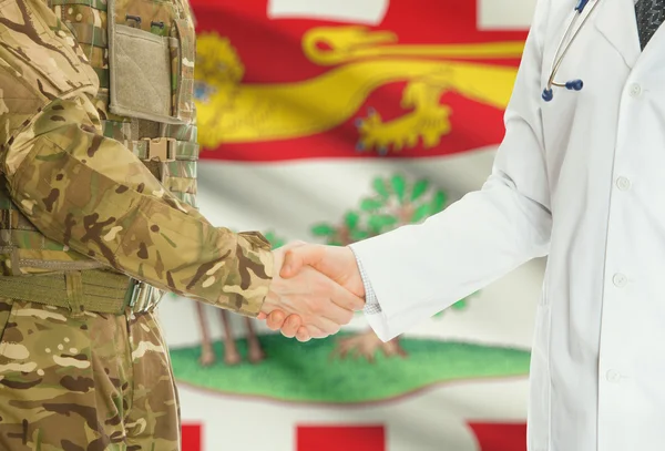 Military man in uniform and doctor shaking hands with Canadian provincies and territories flags on background - Prince Edward Island — Stok fotoğraf