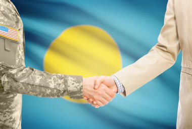 USA military man in uniform and civil man in suit shaking hands with national flag on background - Palau