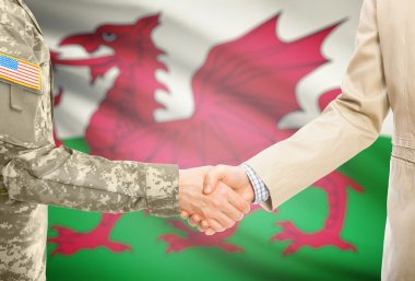 USA military man in uniform and civil man in suit shaking hands with national flag on background - Wales