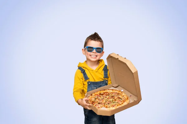 Little Cute Baby Boy Yellow Sweater Denim Overalls Blue Sunglasses — Stock Photo, Image