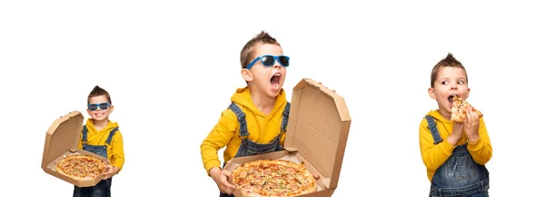 Conjunto Três Fotos Menino Óculos Azuis Capuz Amarelo Com Pizza — Fotografia de Stock