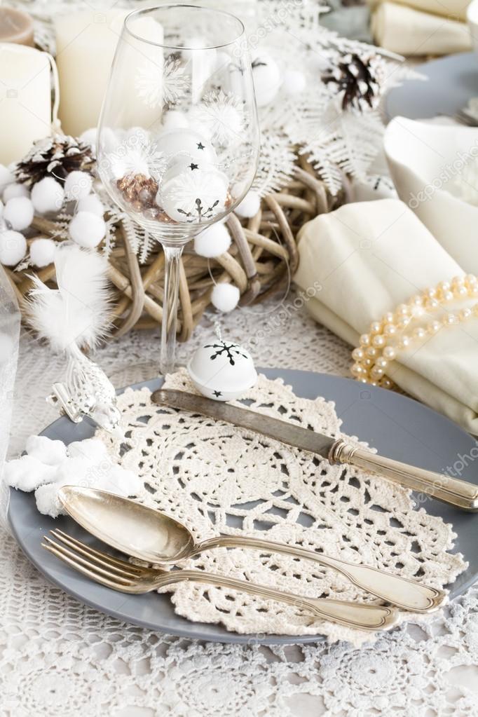 Christmas Table Setting with traditional Holiday Decorations
