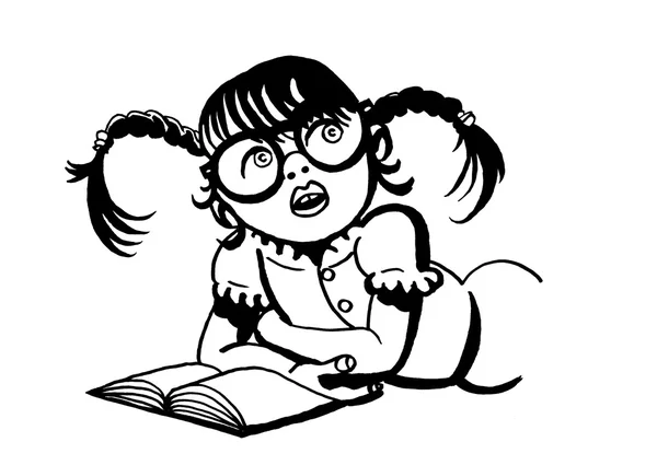 Girl with glasses and with pigtails reading a book — Stock Photo, Image