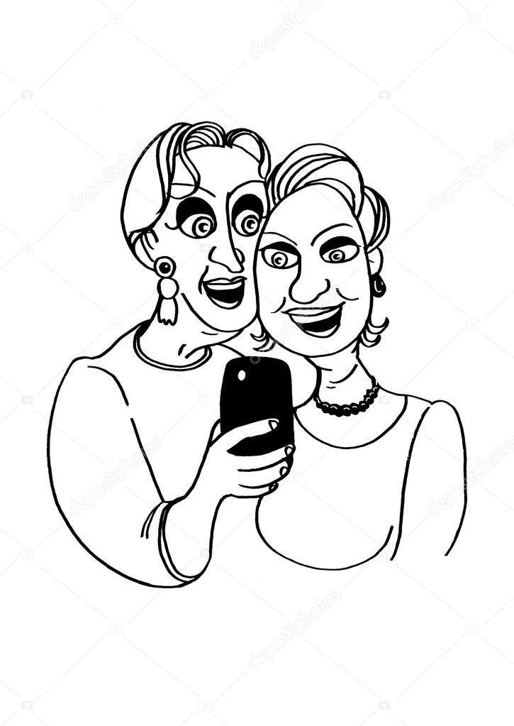 Two mature woman looking at a smartphone