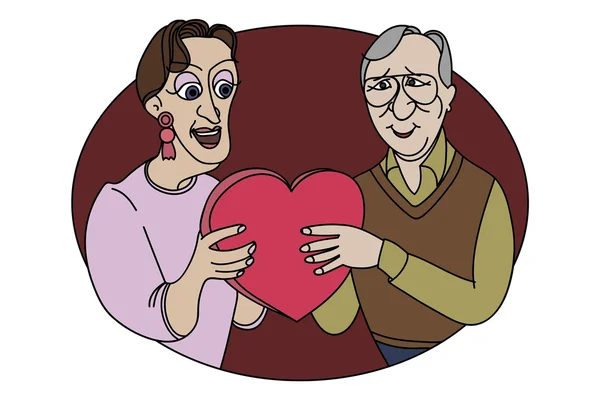 Couple plus âgé avec Cadeau par jour de Saint Valentin — Image vectorielle