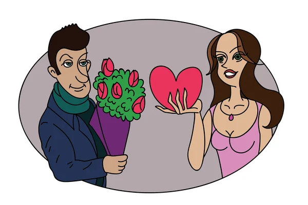 Le gars lui donne les fleurs et elle lui donne une Saint-Valentin — Image vectorielle