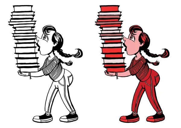 bir kitap yığını ile kız