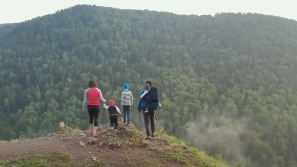 Jonge ouders met drie kinderen beklimmen de top van de berg en genieten van het prachtige uitzicht met hun handen omhoog. — Stockvideo