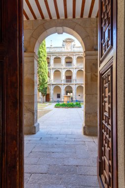 Alcal de Henares - İspanya - 9 Nisan 2025: Alcal Üniversitesi 'nin Rönesans avlusu taş bir kapı eşiği tarafından çerçevelenmiştir. Üç kemerli galeri katları, uzun bir selvi ağacı ve küçük bir merkez bahçe.
