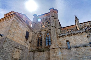 Vilayet Katedralleri Gotik kule ve cephenin dramatik düşük açılı görüntüsü, kemerli pencereler, güçlü payandalar, bir saat ve girişteki aslan heykelleri.