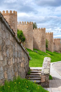 Villa duvarlarından bir sıra taş kule yükselir dik, parlak yeşil bir setin üzerinde, ön planda alçak bir taş duvar, adımlar ve küçük bahar çiçekleri ile çerçevelenmiş.