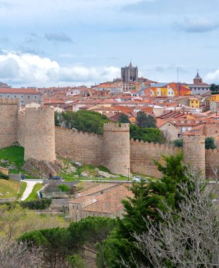 Yoğun, renkli eski kasaba ve uzak zirvedeki karanlık katedral kulesinin önünde yükselen çentikli kuleleri ve perde duvarlarıyla, vila duvarlarının dikey görüntüsü