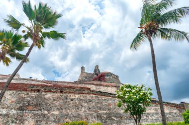 San Felipe de Barajas Kalesi 'nin devasa taş duvarları, Kolombiya' nın başkenti Cartagena 'da bulutlu bir gökyüzünün altında yeşil çimlerin ve palmiye ağaçlarının üzerinde yükselir.