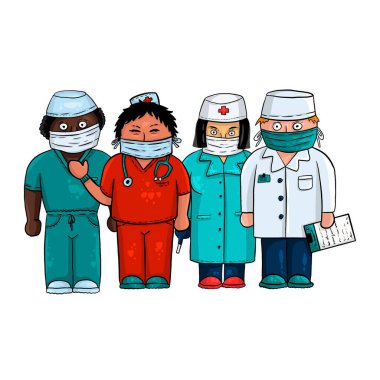 Dört tane renkli takım elbiseli ve koruyucu maskeli sağlık görevlisi. Serbest çizim, dijital sanat.