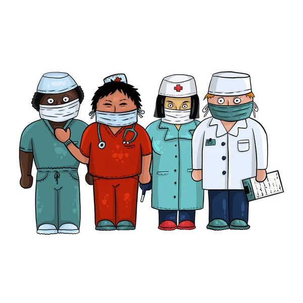 Fyra Tecknade Läkare Flerfärgade Kostymer Och Skyddsmasker Frihandsritning Digital Konst — Stockfoto
