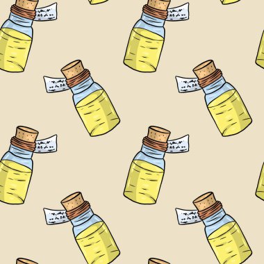 Elle çizilmiş tıbbi desenler, sarı ilaç şişeleri ve bej arka planda kağıt etiket. Dijital sanat.