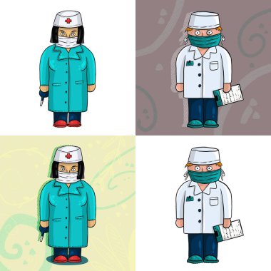 Hand-drawn medics wearing protective masks. Collage, digital art.