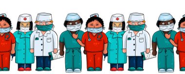 Four cartoon medics in multi-colored suits and protective masks. Seamless line, freehand drawing, digital art.