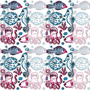 Lovely marine life in pink and turquoise. Marker drawing, seamless pattern.