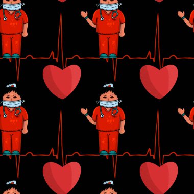 Tıbbî olarak kusursuz bir model çizilmiş, kalbi olan kırmızı giyen bir doktor. Siyah arkaplan.