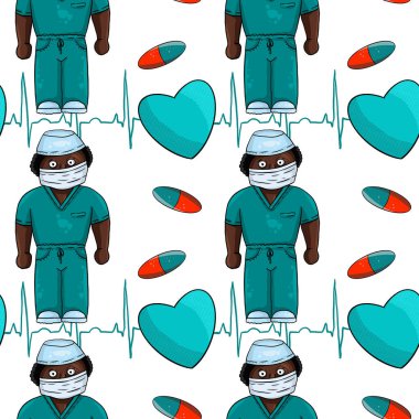 Hand drawn medical seamless pattern, black doctor in a turquoise suit, pills and hearts on a white background. Digital art.