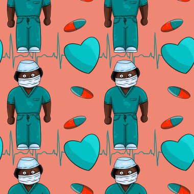 Hand drawn medical seamless pattern, black doctor in a turquoise suit, pills and hearts on a pink background. Digital art.