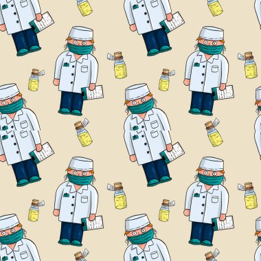 Tıbbî desenler çizilmiş: Doktorlar ve ilaç köpükleri. Yatay arkaplan.