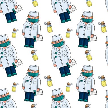 Tıbbî desenler çizilmiş: Doktorlar ve ilaç köpükleri. Beyaz arkaplan.