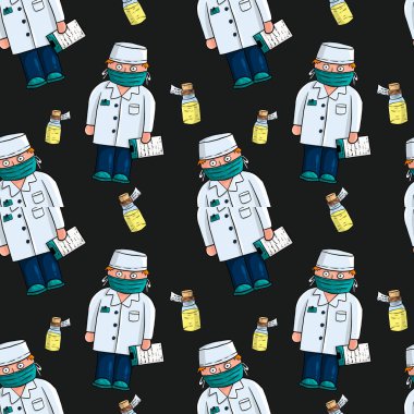 Tıbbî desenler çizilmiş: Doktorlar ve ilaç köpükleri. Siyah arkaplan.