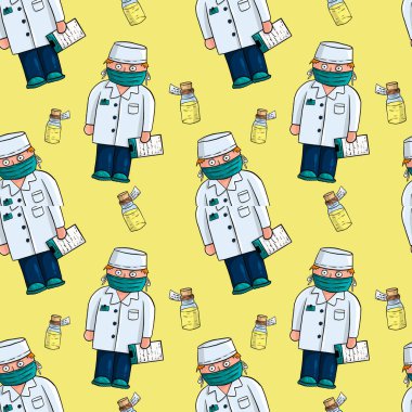 Tıbbî desenler çizilmiş: Doktorlar ve ilaç köpükleri. Sarı arkaplan.